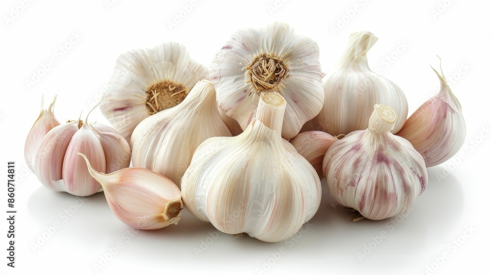 Whole and cut ripe garlic isolated on white wallpaper background Whole and cut ripe garlic isolated on white wallpaper background