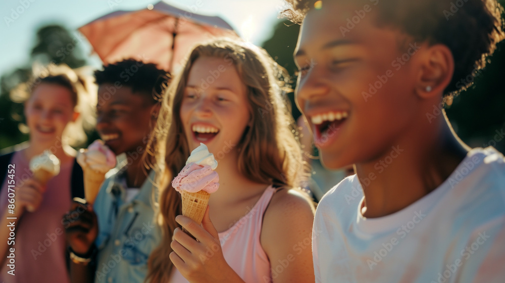 Diverse teenagers enjoying ice cream at the beach on a sunny day Diverse teenagers enjoying ice cream at the beach on a sunny day