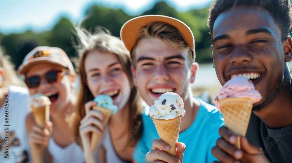 Diverse teenagers enjoying ice cream at the beach on a sunny day Diverse teenagers enjoying ice cream at the beach on a sunny day