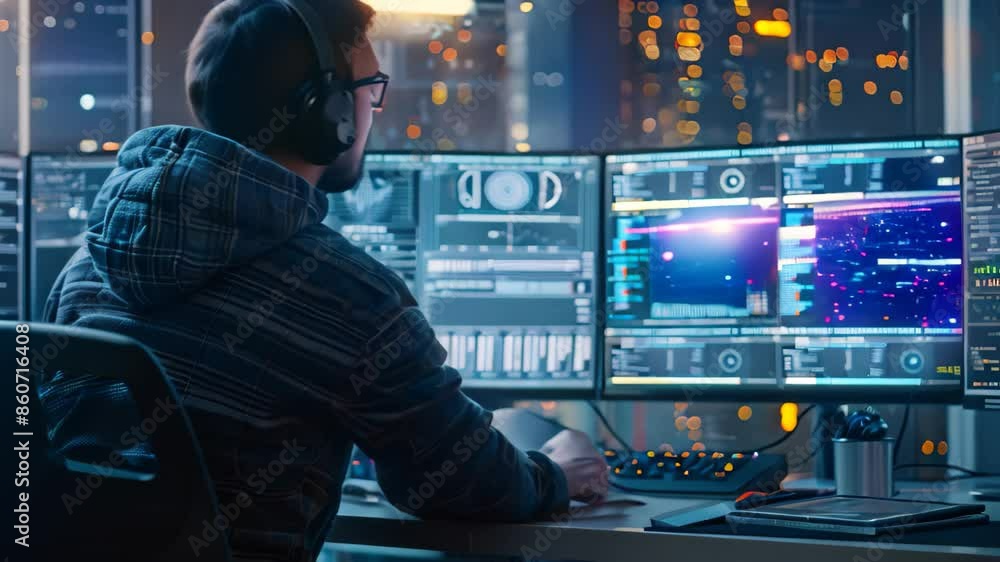 A man is seated at a desk, diligently monitoring activities on several screens displaying data, Demonstrate the role of firewall protection in defending against malicious threats A man is seated at a desk, diligently monitoring activities on several screens displaying data, Demonstrate the role of firewall protection in defending against malicious threats
