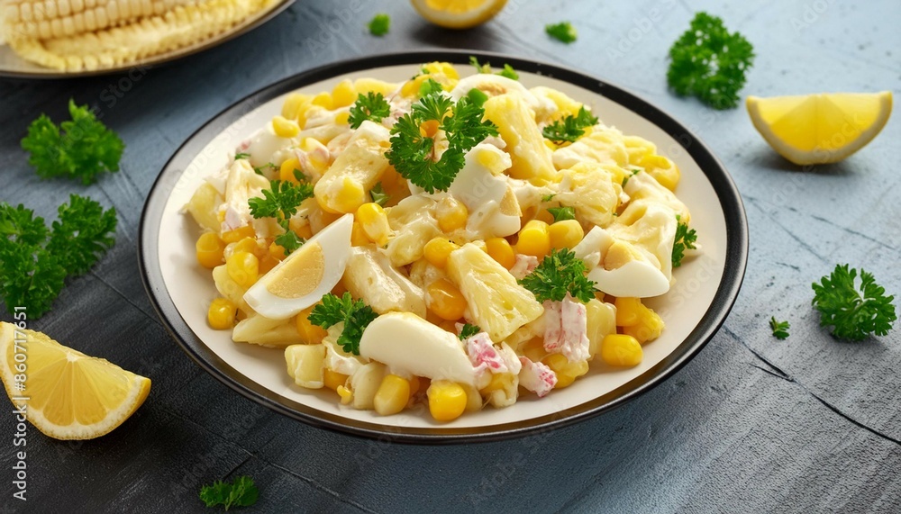 Chicken pineapple salad with corn, cheese, eggs and onions dressed with mayonnaise close-up Chicken pineapple salad with corn, cheese, eggs and onions dressed with mayonnaise close-up