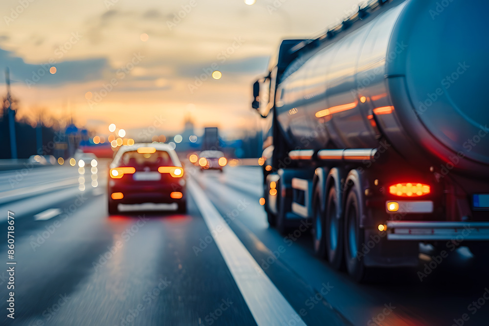 Trafic sur l'autoroute, voitures et camion citerne Trafic sur l'autoroute, voitures et camion citerne