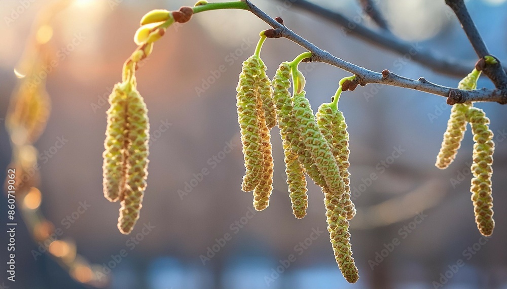 Fototapeta premium Walnut earrings on a branch in early spring.
