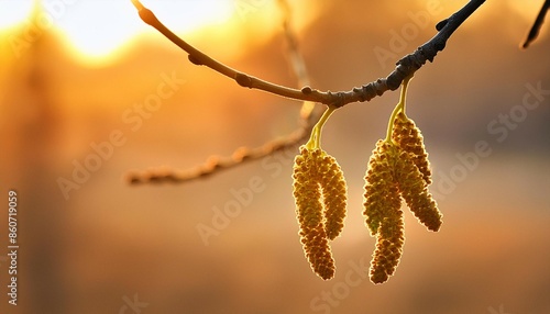 Walnut earrings on a branch in early spring. photo