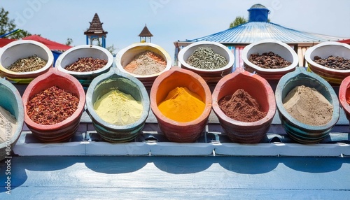 Vivid spice palette with assorted spices in artistic bowls and containers, vibrant presentat photo