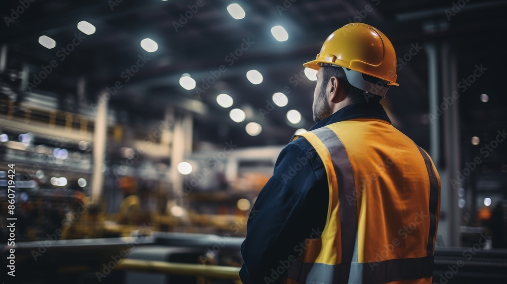 Worker in a high-visibility vest and hard hat observing a busy factory floor, showcasing industrial safety and management. Worker in a high-visibility vest and hard hat observing a busy factory floor, showcasing industrial safety and management.