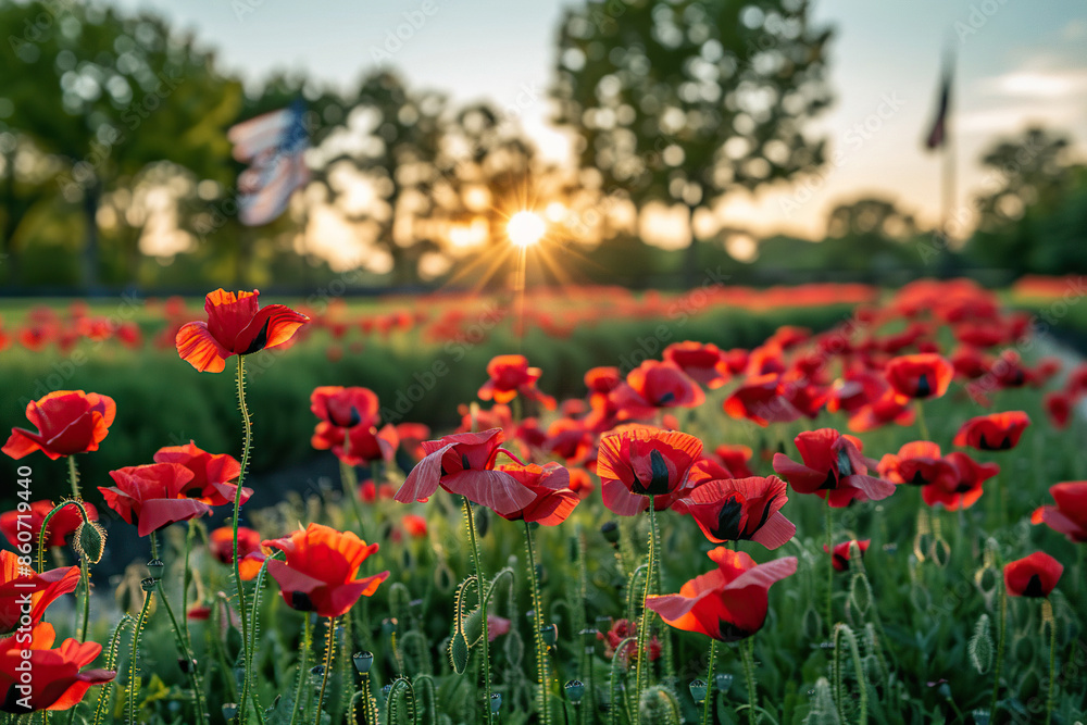 Beautiful poppy field in the sun. Generated by artificial intelligence Beautiful poppy field in the sun. Generated by artificial intelligence
