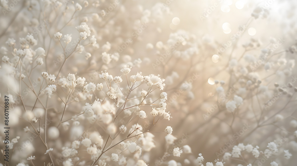 Obraz premium Soft focus blur gypsophila flower Fog smoke nature horizontal copy space background : Generative AI
