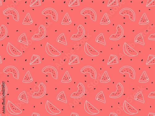 Summer watermelon slice outline seamless pattern. White contour drawn fruit on pink background. Cute funny doodle food illustration for wallpaper, cover, package design