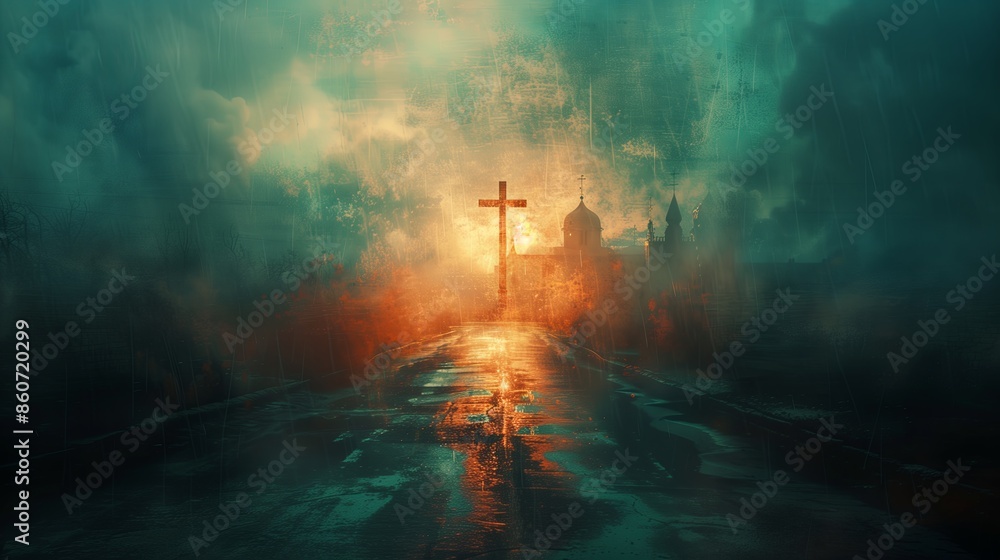 photo of a cross in front of a catholic church. Religious concept. photo of a cross in front of a catholic church. Religious concept.