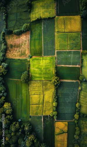 Patchwork of green and yellow fields. AI. photo