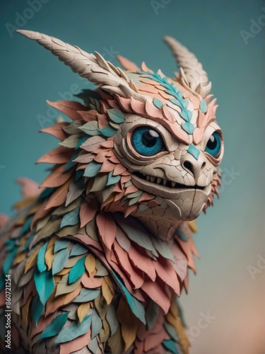 A 3D rendering of a colorful mythical creature with feathers. AI. photo