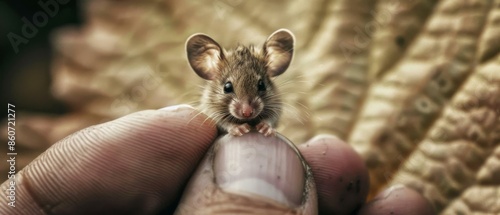 A close-up of a small mouse sitting on a human finger. AI. photo