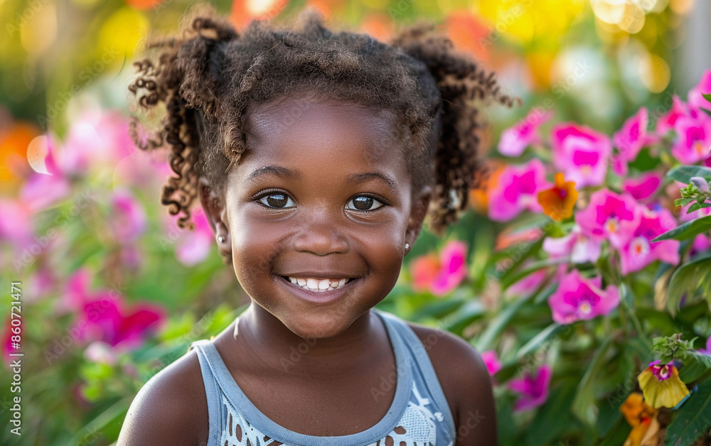 A young girl with curly hair smiles broadly, standing in front of a vibrant flower garden A young girl with curly hair smiles broadly, standing in front of a vibrant flower garden