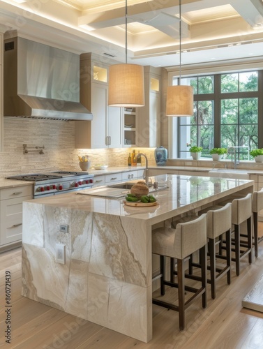Modern kitchen interior with a large marble island and stainless steel appliances. AI. photo