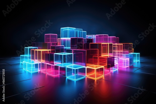 Glowing colorful cubes on dark background. 3D rendering. Neon light