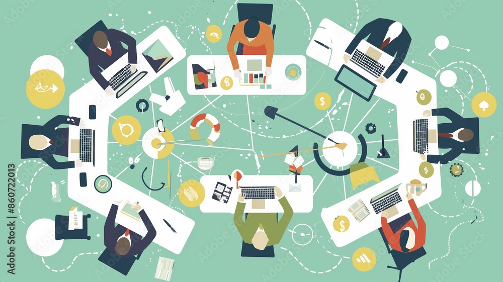 A group of people are sitting around a table with a lot of technology and paperwork. Scene is busy and professional A group of people are sitting around a table with a lot of technology and paperwork. Scene is busy and professional