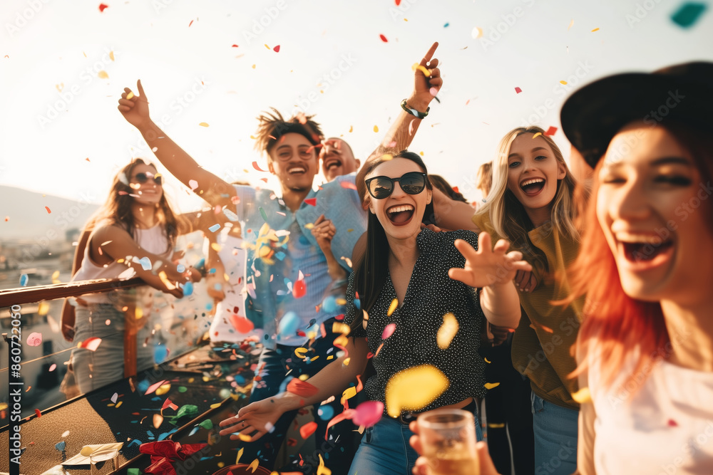 Obraz premium A group of people are dancing and throwing confetti in the air. Scene is joyful and celebratory