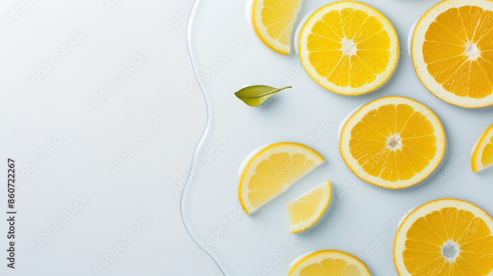 a clean, minimalistic arrangement of fresh orange slices on a white surface. One leaf subtly accents the composition, enhancing the natural feel. Copy space. a clean, minimalistic arrangement of fresh orange slices on a white surface. One leaf subtly accents the composition, enhancing the natural feel. Copy space.
