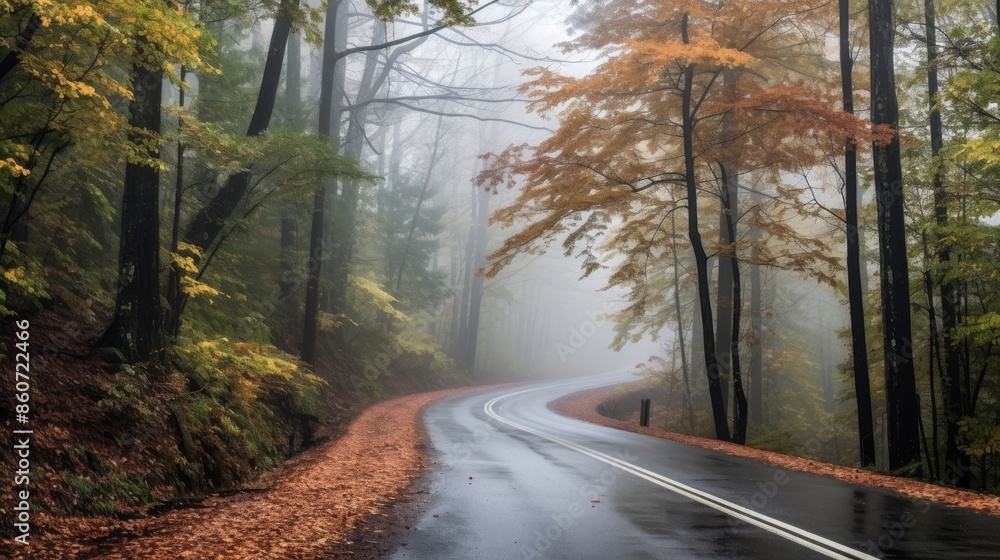 Naklejka premium Solitary path in misty forest.
