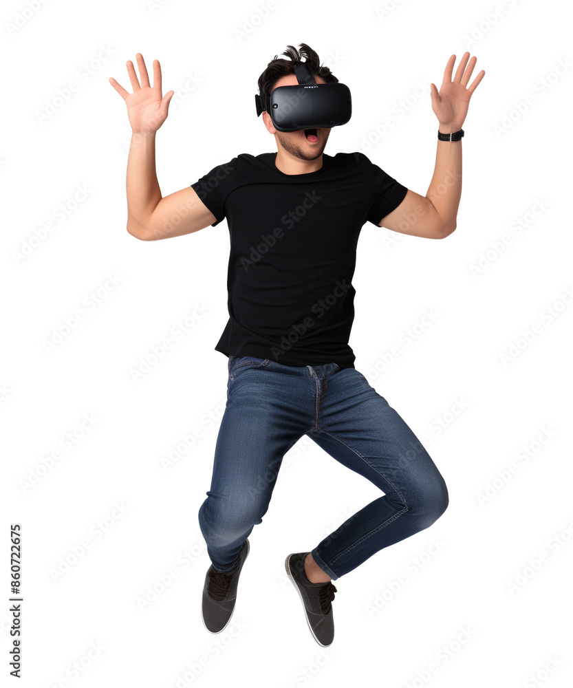A man in a black shirt and blue jeans is jumping in the air while wearing a virtual reality headset isolated on transparent background A man in a black shirt and blue jeans is jumping in the air while wearing a virtual reality headset isolated on transparent background