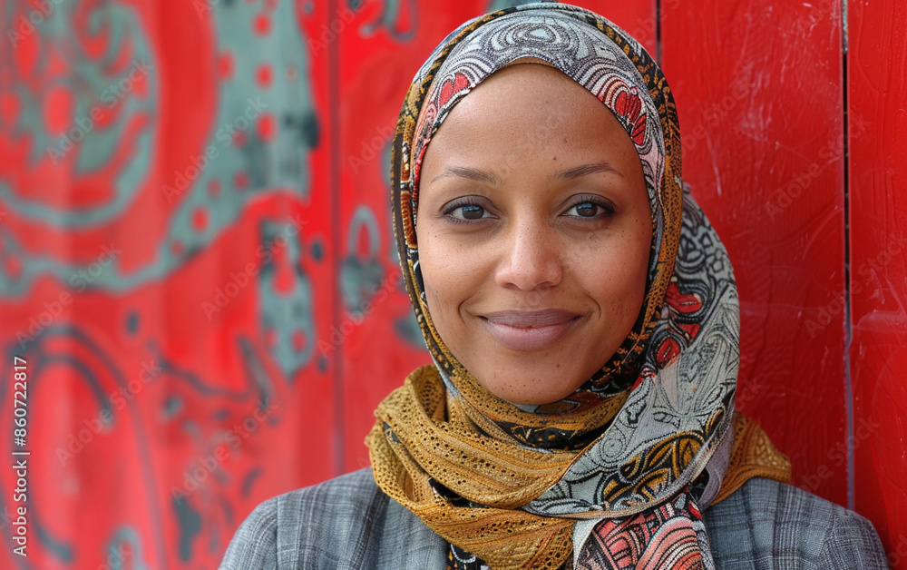 A woman in a hijab smiles softly while standing in front of a red wall A woman in a hijab smiles softly while standing in front of a red wall