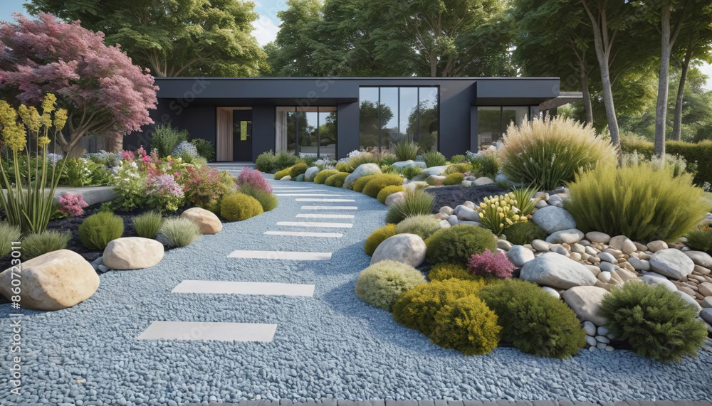 Obraz premium Aménagement d'un jardin minéral devant la maison moderne, avec bordure, galets, allée en graviers et pas japonais