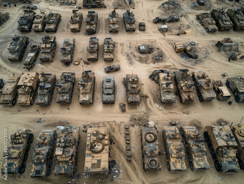 A large number of tanks and other military vehicles are parked in a sandy area. AI. photo