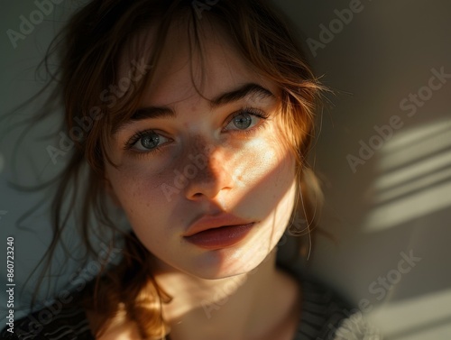 Portrait of a young woman with sunlight on her face. AI. photo