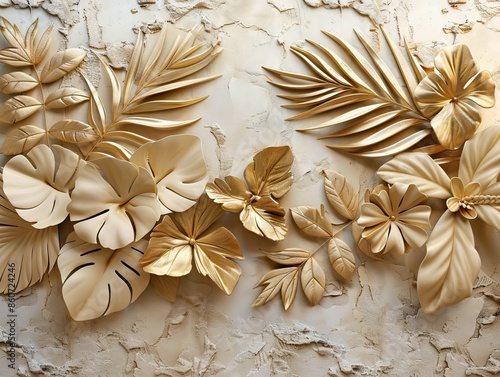 Gold floral plants and palm leaves Wallpaper Mural, 3d illustration, grey background, abstract tropical leaves, banana leaves with 3d lines. AI generated illustration