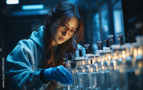 A female scientist carefully examines samples in a laboratory setting, illuminated by the glow of nearby equipment