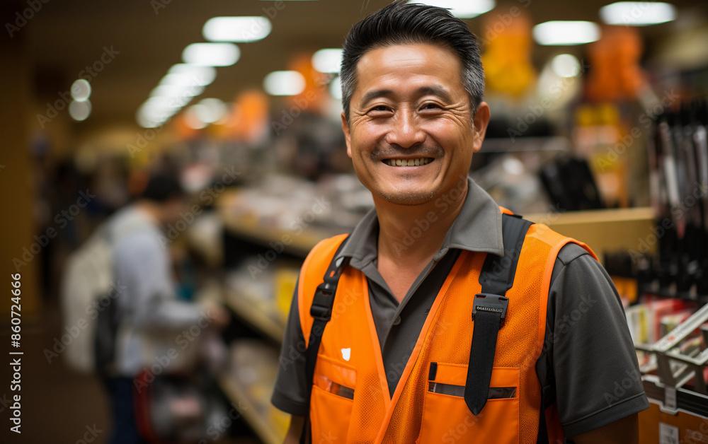 A smiling man in an orange safety vest stands in a retail store A smiling man in an orange safety vest stands in a retail store