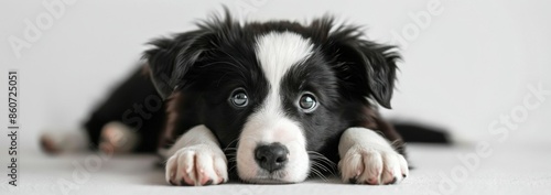 Black and White Border Collie Puppy Lying on White Floor