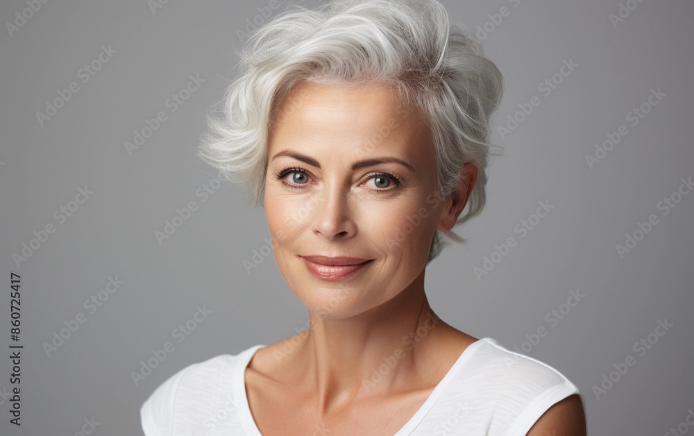 A woman with short, silver hair is smiling while looking directly at the camera. She is wearing a white shirt and is against a plain grey background A woman with short, silver hair is smiling while looking directly at the camera. She is wearing a white shirt and is against a plain grey background