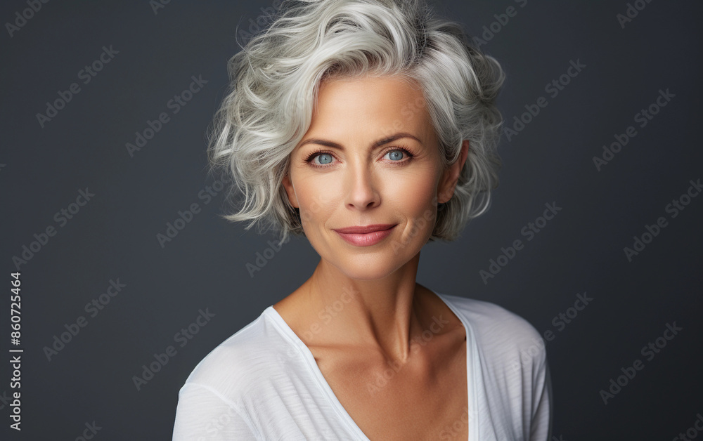 A woman with short, wavy grey hair smiles gently at the camera while wearing a white t-shirt against a dark grey background A woman with short, wavy grey hair smiles gently at the camera while wearing a white t-shirt against a dark grey background