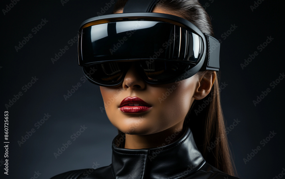 A woman wearing a virtual reality headset, with long dark hair and red lipstick, looks directly at the camera A woman wearing a virtual reality headset, with long dark hair and red lipstick, looks directly at the camera