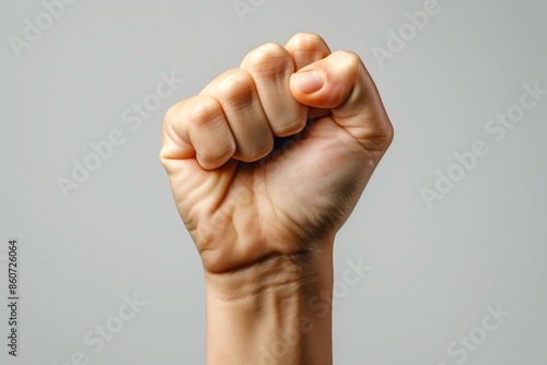 Close-Up of a Raised Fist Against a Grey Background © mattegg