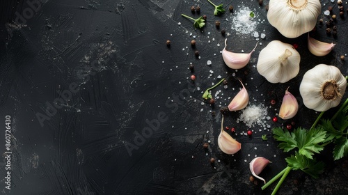 Fototapeta Naklejka Na Ścianę i Meble -  Garlic, herbs and spices on black background. Top view with copy space