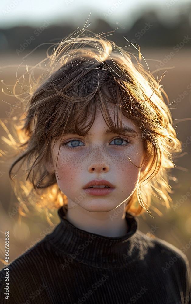 A young girl with freckles and blue eyes stands in a field, bathed in the warm light of the setting sun A young girl with freckles and blue eyes stands in a field, bathed in the warm light of the setting sun