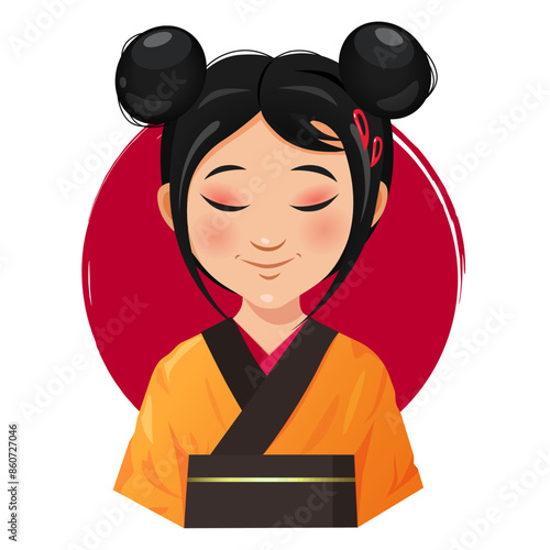 Asian baby girl character in traditional Japanese dress kimono.
