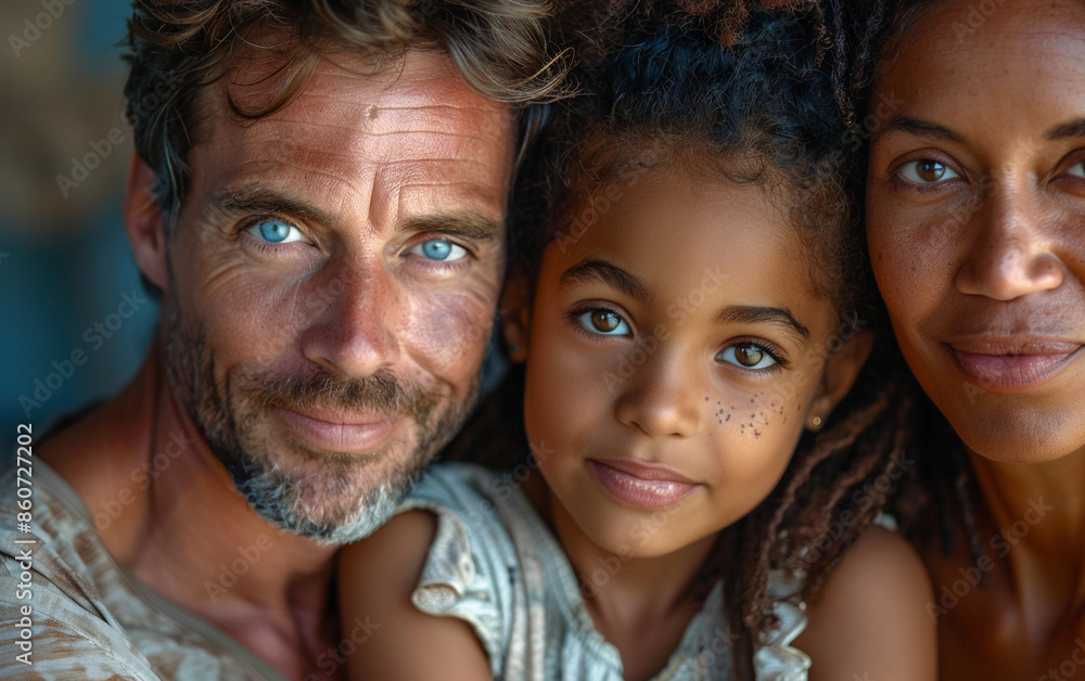 A close-up portrait of a family, featuring a man with blue eyes and a beard, a young girl with brown eyes and freckles, and a woman with brown eyes and long dark hair A close-up portrait of a family, featuring a man with blue eyes and a beard, a young girl with brown eyes and freckles, and a woman with brown eyes and long dark hair