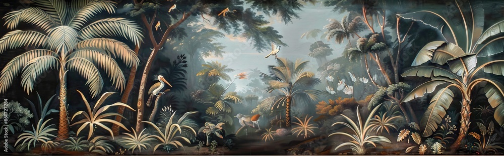 Illustration of tropical wallpaper print design with palm banana leaves and exotic birds on canvas texture. Tropical plants and birds on textured background. AI generated illustration Illustration of tropical wallpaper print design with palm banana leaves and exotic birds on canvas texture. Tropical plants and birds on textured background. AI generated illustration