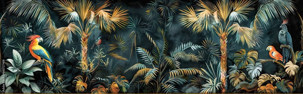 Illustration of tropical wallpaper print design with palm banana leaves and exotic birds on canvas texture. Tropical plants and birds on textured background. AI generated illustration Illustration of tropical wallpaper print design with palm banana leaves and exotic birds on canvas texture. Tropical plants and birds on textured background. AI generated illustration