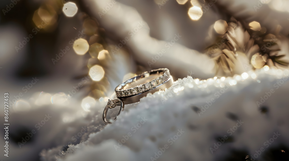 Obraz premium Wedding rings in snowy winter forest Soft selective focus : Generative AI