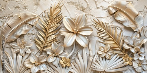 Gold floral plants and palm leaves Wallpaper Mural, 3d illustration, grey background, abstract tropical leaves, banana leaves with 3d lines. AI generated illustration