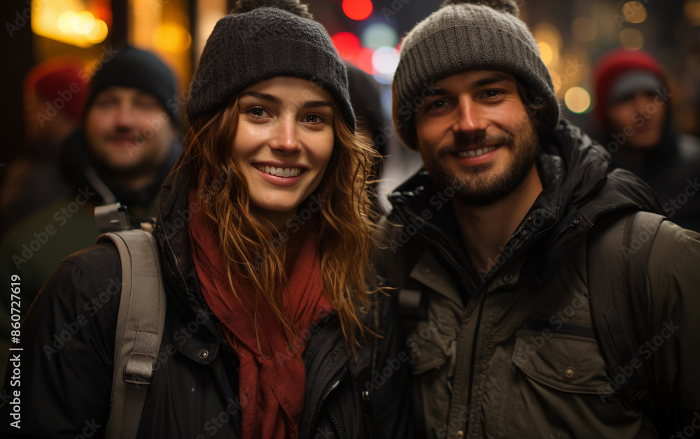 A couple in winter clothing smiles for the camera while walking through a city at night A couple in winter clothing smiles for the camera while walking through a city at night