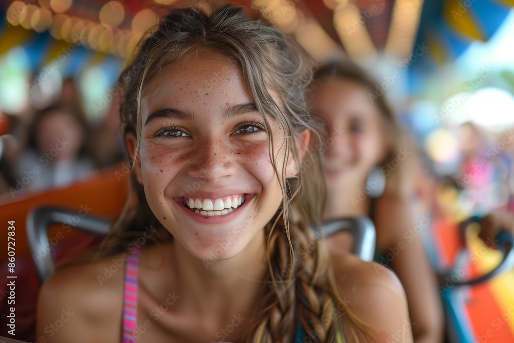 Smiling Teen Girl Riding Amusement Park Ride During Daytime Smiling Teen Girl Riding Amusement Park Ride During Daytime