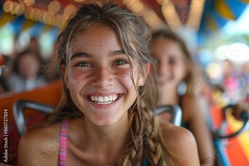 Smiling Teen Girl Riding Amusement Park Ride During Daytime