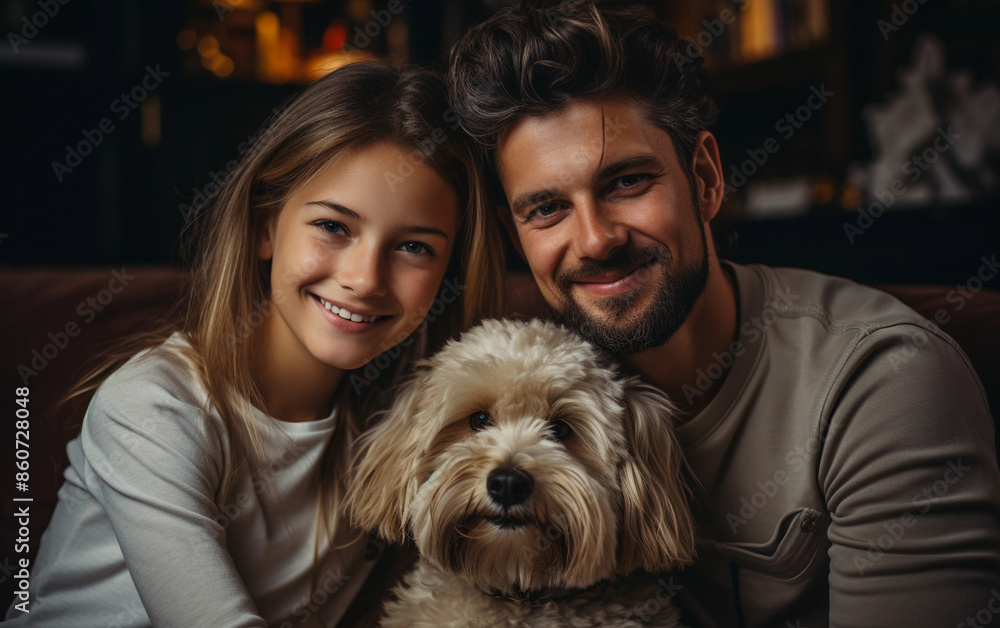 A close-up portrait of a smiling family, a man and a young woman, with their dog. They are all looking at the camera and appear to be happy and relaxed A close-up portrait of a smiling family, a man and a young woman, with their dog. They are all looking at the camera and appear to be happy and relaxed