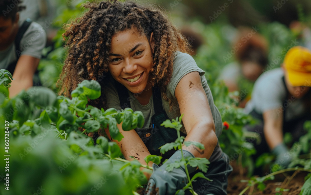 A woman works in a garden, smiling and looking at the camera while other volunteers work behind her A woman works in a garden, smiling and looking at the camera while other volunteers work behind her
